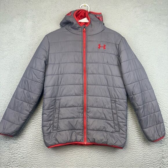 Under Armour Puffer Jacket Youth Large Gray Hooded Full Zip Nylon Gold Gear Hike - Picture 1 of 14